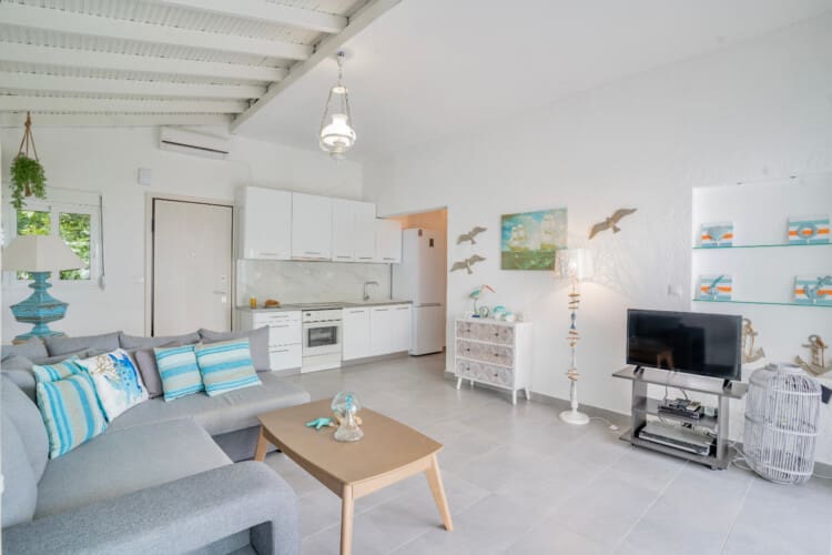 Seating area with TV and kitchen